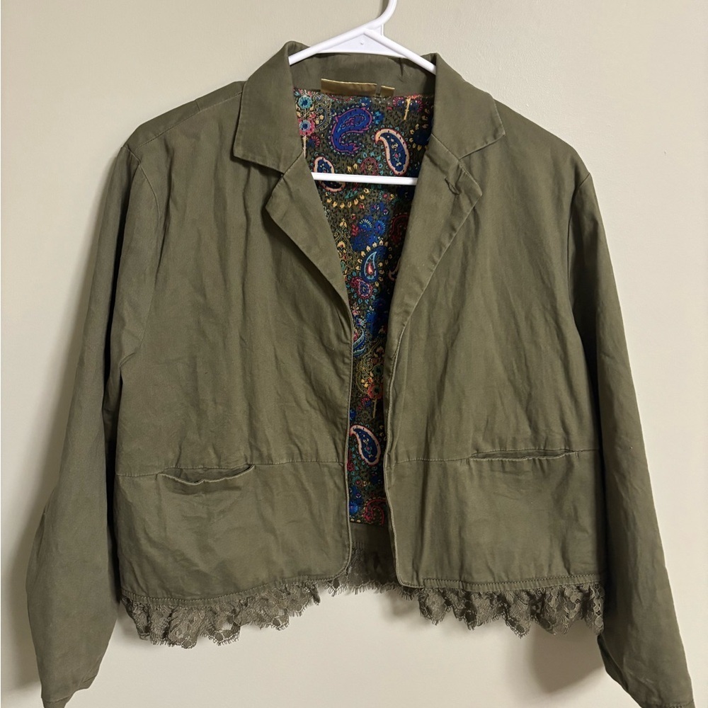 Vera Wang Princess Blazer Style Short Jacket Size XL Green Open Front Pockets